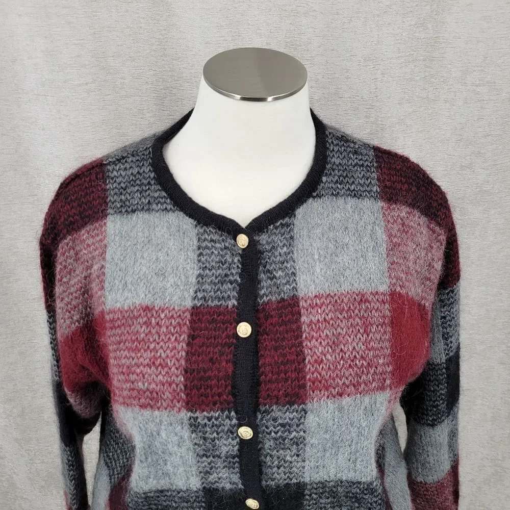 Dressbarn Mohair Blend Plaid Knit Cardigan in Red and Gray Vintage